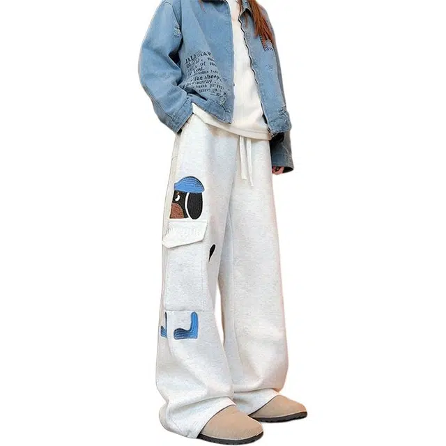 单爵 小狗刺绣微喇卫裤男款秋冬多口袋抽绳设计感休闲裤 男女同款