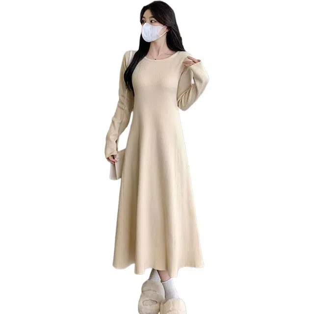 纤丝鸟 温柔风法式圆领收腰显瘦中长款裙长袖连衣裙 女款