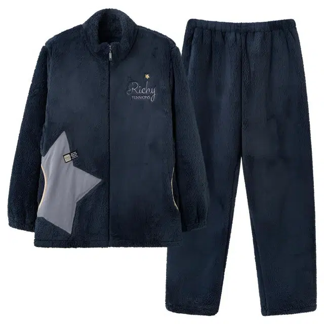 莫代尔 可外穿男大码宽松加绒加厚暖绒保暖家居服秋冬雪花绒睡衣套装 男款