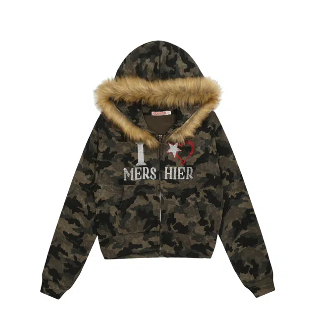 苏九儿 美式街头复古迷彩短款毛领连帽辣妹百搭夹克 女款