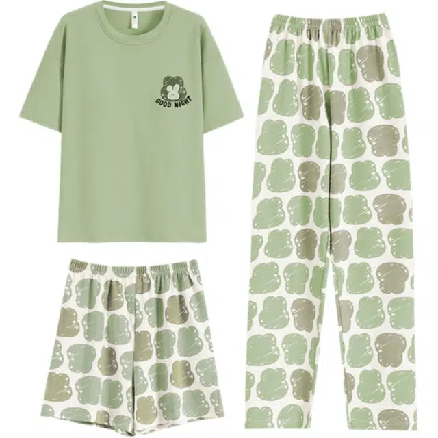 浮光岛屿 简约时尚可爱带胸垫圆领高级感短袖家居服凉感休闲舒适亲肤可外穿睡衣套装 女款 礼盒装 浅绿色