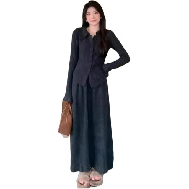 纤丝鸟 法式时尚复古小香风优雅气质修身百搭两件套长袖连衣裙 女款