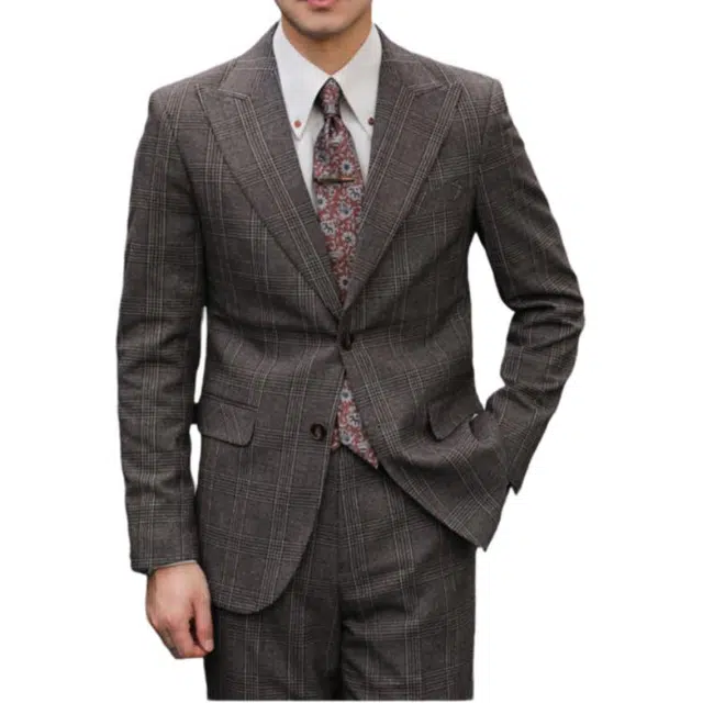 大格子与黑猫 英伦复古戗驳领威尔士亲王格纹西服结婚新郎婚礼雅痞绅士修身西装 男款