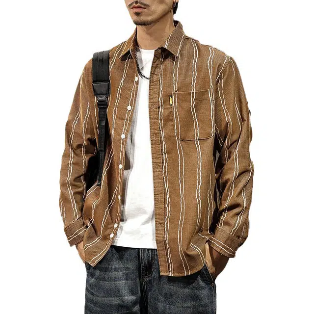 路杰邦 美式高端男长袖春秋拼色条纹衬衣服秋季潮牌宽松休闲外套 衬衫 男款