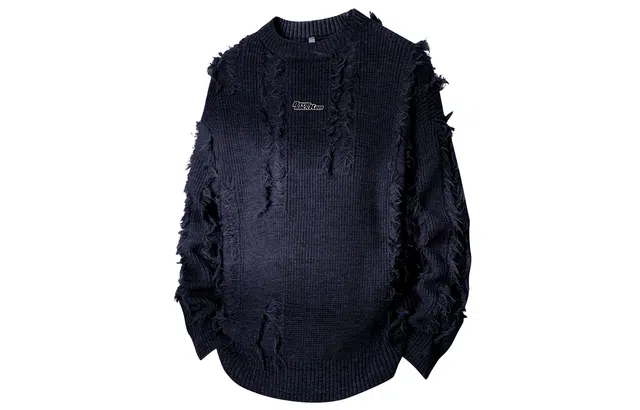 大卫贝肯 美式复古破洞秋冬流苏字母印花针织小众穿搭慵懒休闲宽松设计感高级感圆领落肩套头长袖毛衣 男女同款