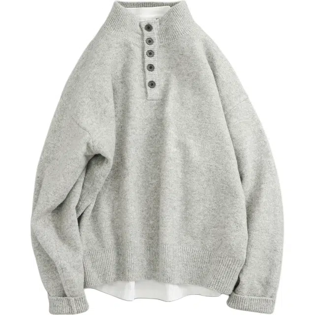宫奴 日系休闲潮牌复古简约百搭宽松半开扣立领套头针织衫 男女同款