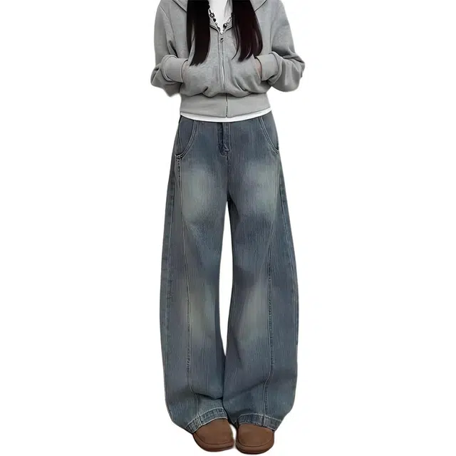 囍鱼少女 设计感压线水洗做旧直筒裤女小个子宽松遮肉显瘦弯刀阔腿长裤牛仔裤 女款