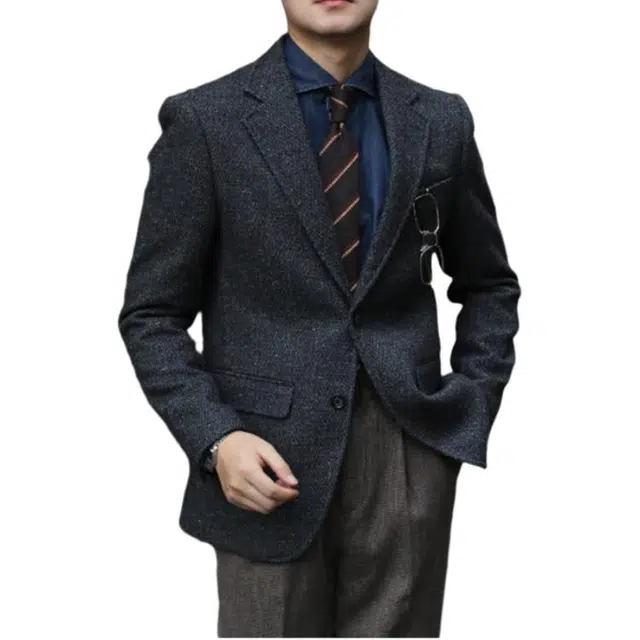 大格子与黑猫 英伦复古雅痞黑灰色羊毛粗花呢秋冬厚款人字纹休闲修身单外套西装 男款