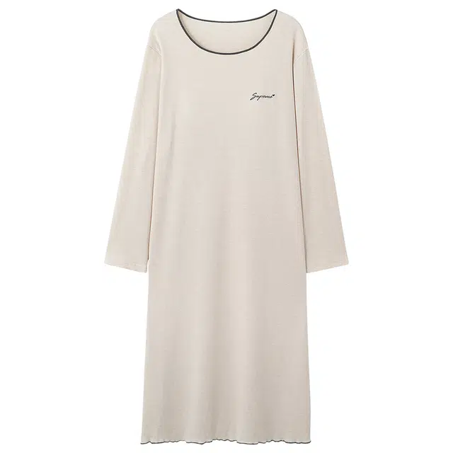 莫代尔 休闲简约个性时尚圆领套头舒适宽松显瘦自带胸垫防凸点长袖家居裙睡裙 女款