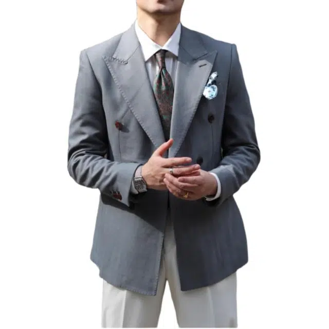 大格子与黑猫 英伦复古雅痞绅士鱼骨纹暗纹微厚双排扣结婚新郎修身西服外套 西装 男款