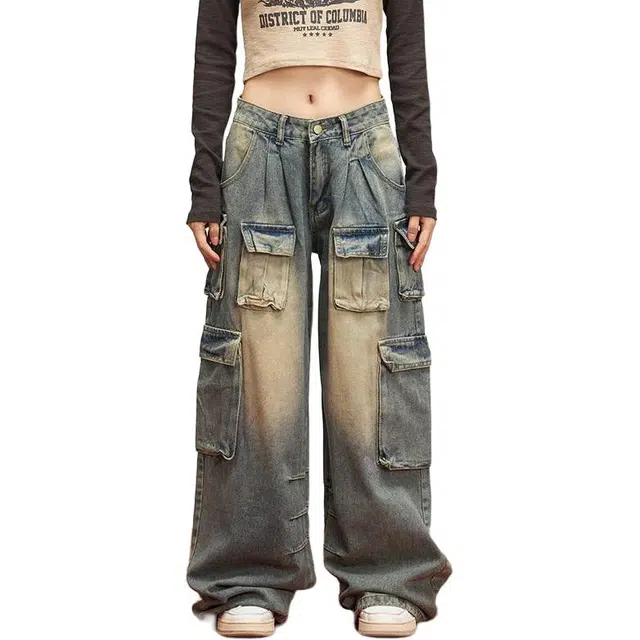 如续 美式复古做旧水洗工装裤口袋宽松直筒阔腿拖地牛仔裤 女款