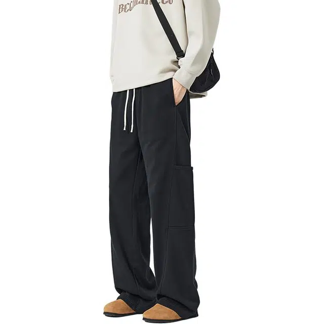 希越 秋冬毛圈底抽绳微弹纯色宽松简约潮牌垂感直筒休闲裤 男款