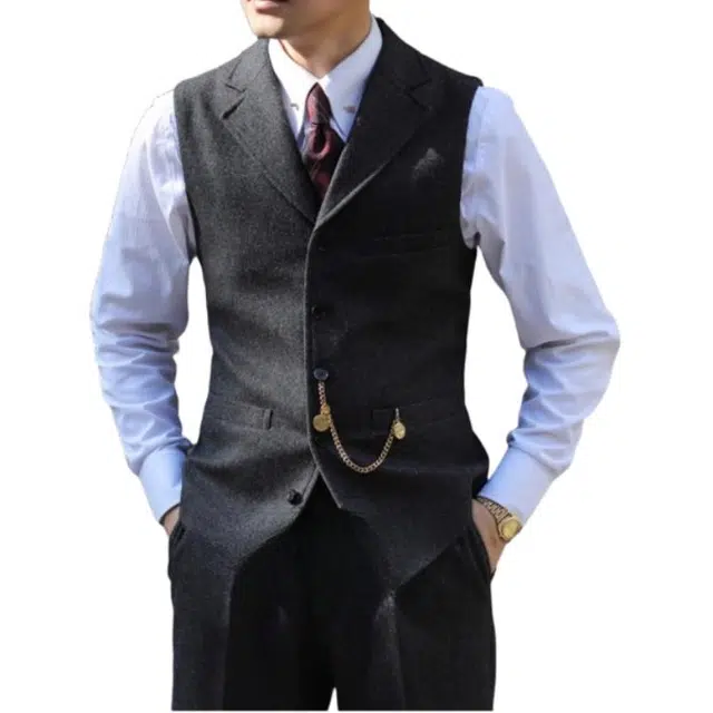 大格子与黑猫 英伦复古浴血黑帮谢尔比西装领背心 羊毛粗花呢修身雅痞翻领马甲 男款