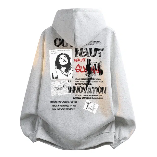 海底小纵队 美式复古街头高街风海报创意个性女郎后背做旧拼接印花抽绳套头连帽上衣学院风宽松休闲高级感百搭时尚长袖卫衣 男女同款