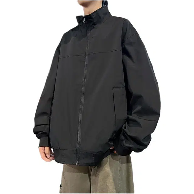 法文箱子 美式复古纯色立领宽松外套极简百搭设计感工装夹克 男款