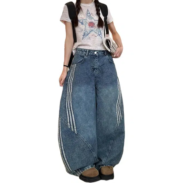 如续 美式复古水洗解构弯刀宽松显瘦三条杠条纹拼接阔腿牛仔裤 女款