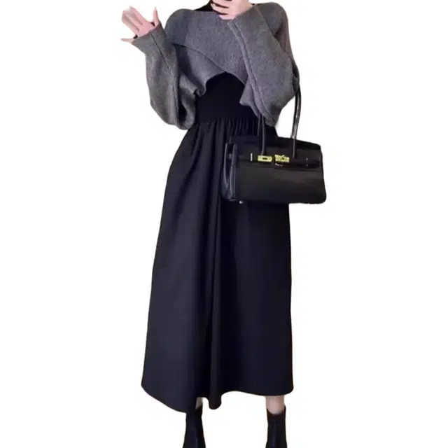 纤丝鸟 赫本风港风复古小黑裙穿搭两件套裙子长袖连衣裙 女款