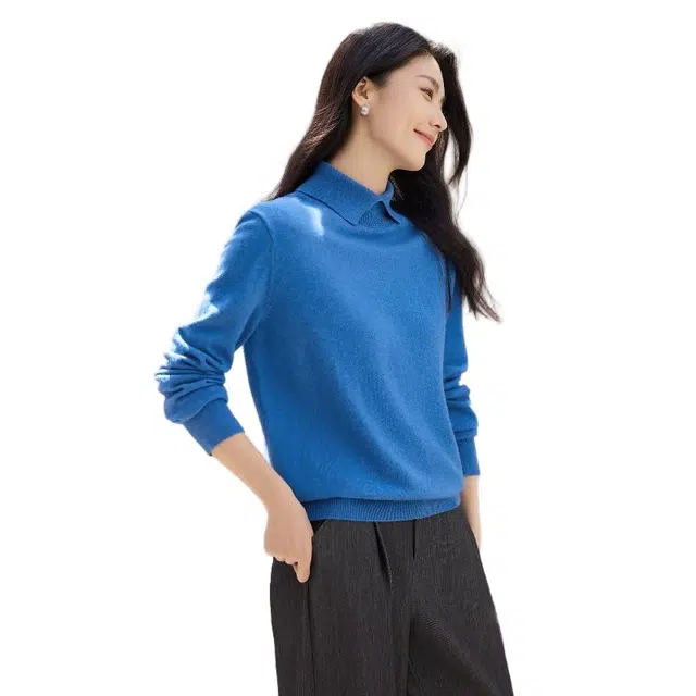 佐塞斯 高端品质轻奢智性极简羊毛翻领上衣秋冬季格雷系打底衫克莱因蓝针织衫 女款