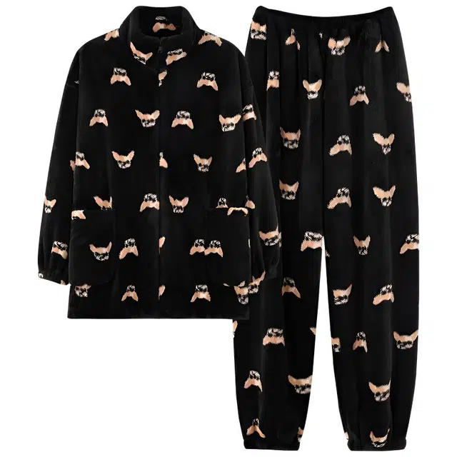 莫代尔 秋冬季珊瑚绒加绒加厚保暖法兰绒休闲拉链款家居服可外穿舒适睡衣套装 男款