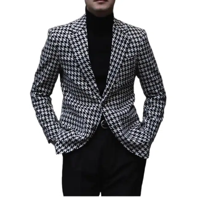 大格子与黑猫 英伦秋冬厚款羊毛混纺小香风金线编织时髦毛呢修身千鸟格外套西装 男款