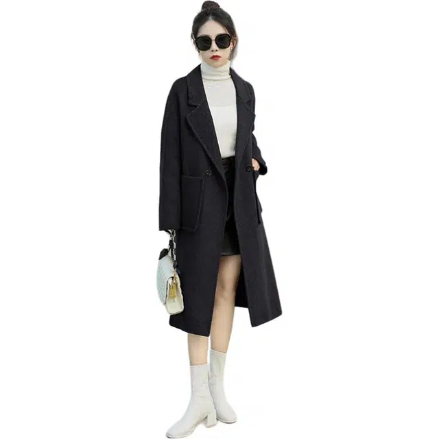 稻草人 双面呢外套韩版宽松休闲百搭口袋设计长款羊毛大衣 女款