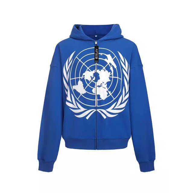 艾梵斯贝 美式复古潮流徽章印花小众设计款无性别日常通勤百搭宽松休闲时尚高级感国潮个性街头情侣款开衫连帽卫衣 男女同款