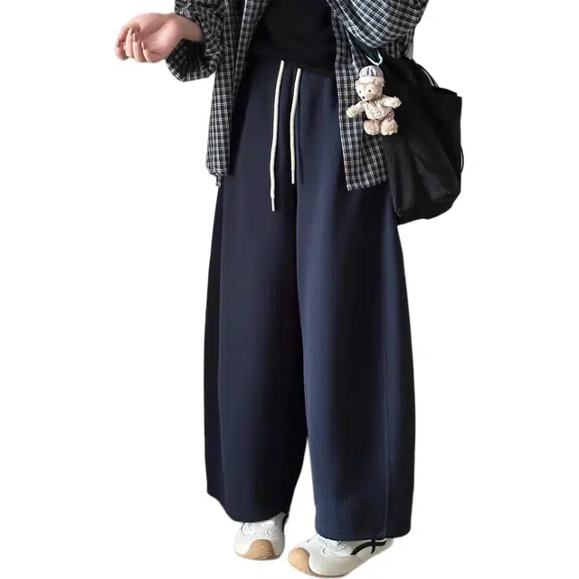 囍鱼少女 小个子裤子梨型身材粗腿宽胯九分弯刀阔腿裤女大码藏蓝色运动卫裤休闲裤 女款