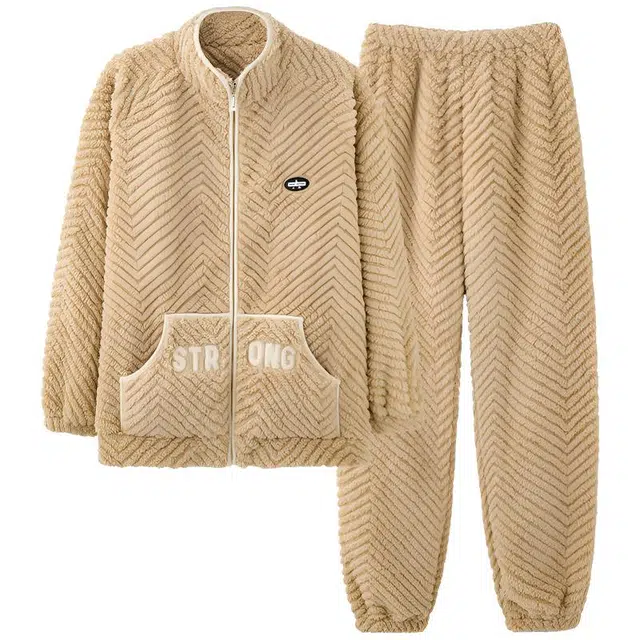 莫代尔 珊瑚绒冬季加绒加厚秋冬天大码干练法兰绒男士家居服保暖舒适睡衣套装 男款