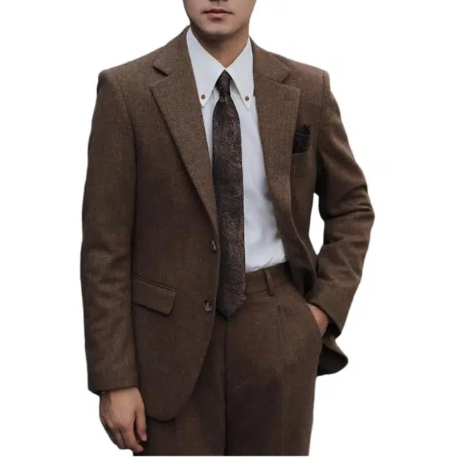 大格子与黑猫 复古英伦雅痞咖啡色风休闲羊毛粗花呢人字纹修身文艺甜茶外套西装 男款