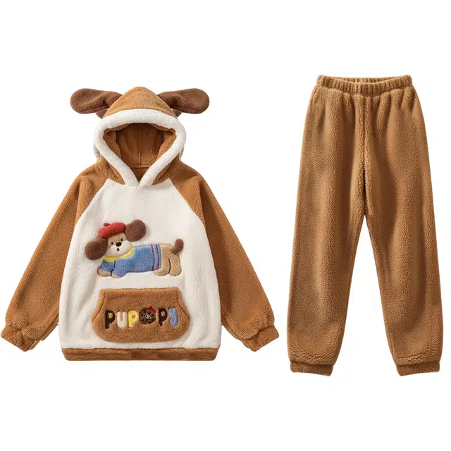 俏霓桐 秋冬季卡通可爱保暖连帽学生时尚居家加厚加绒珊瑚绒可外穿家居服睡衣套装 女款