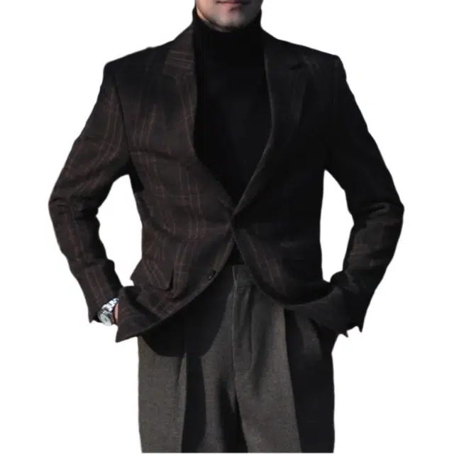 大格子与黑猫 意式复古格纹羊毛呢绅士修身西服英伦商务格子雅痞秋冬粗花呢西装 男款