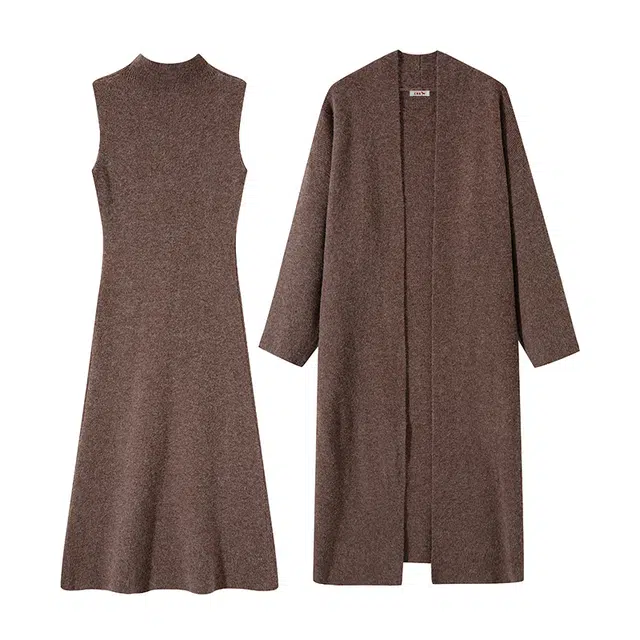 红蜻蜓 法式慵懒风气质针织无袖连衣裙中长款显瘦内搭打底背心裙搭配长袖开衫外套秋冬穿搭一整套简约时尚休闲百搭裙装套装 女款