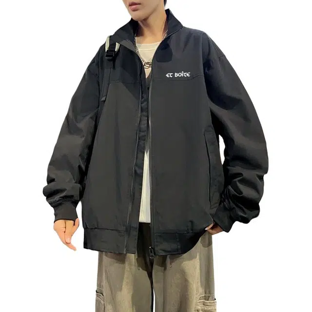 法文箱子 美式复古纯色立领宽松外套极简百搭设计感工装夹克 男款