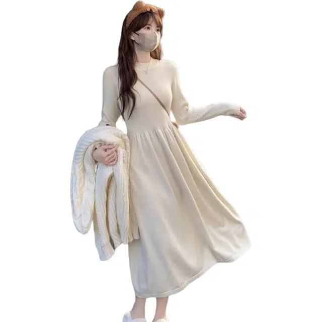 纤丝鸟 半高领法式修身显瘦收腰打底长袖连衣裙 女款