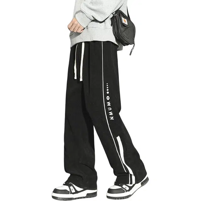 协协乐 灯芯绒雪尼尔高街风撞色拼接氛围感美式潮牌秋冬季宽松直筒阔腿垂坠感青少年弹力抽绳痞帅机能风百搭运动长裤休闲裤 男款