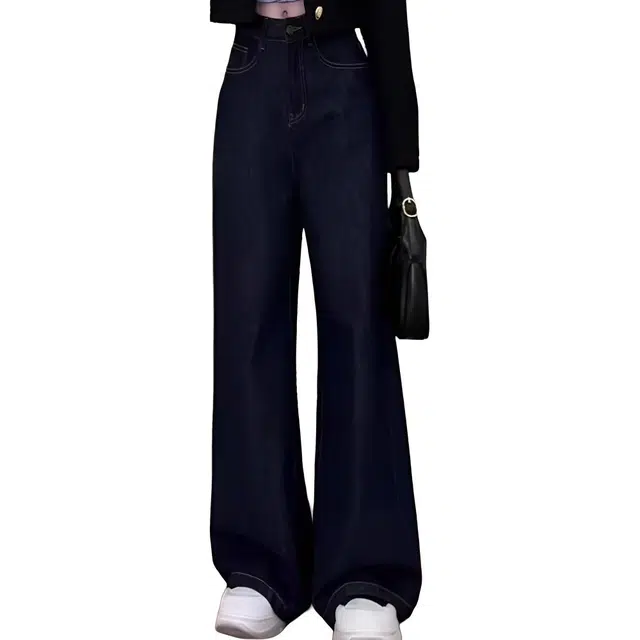 囍鱼少女 深蓝色阔腿裤女秋季小个子窄版丹宁垂感直筒裤子牛仔裤 女款