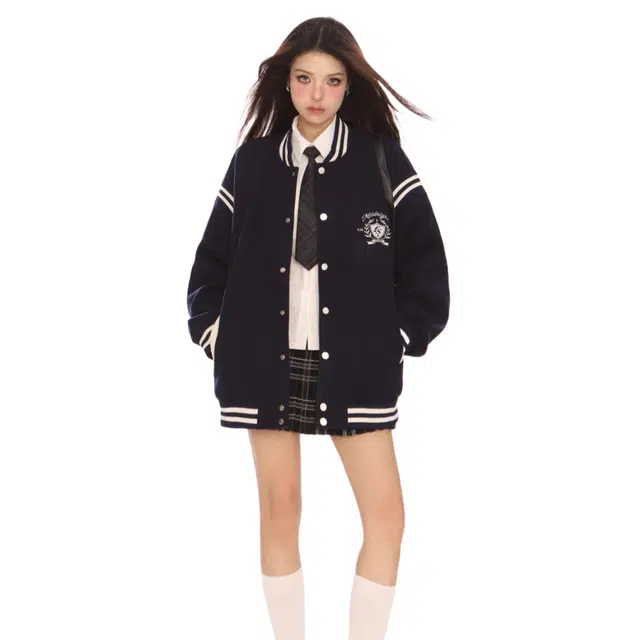 苏九儿 美式复古撞色学院风宽松 棒球服 男女同款