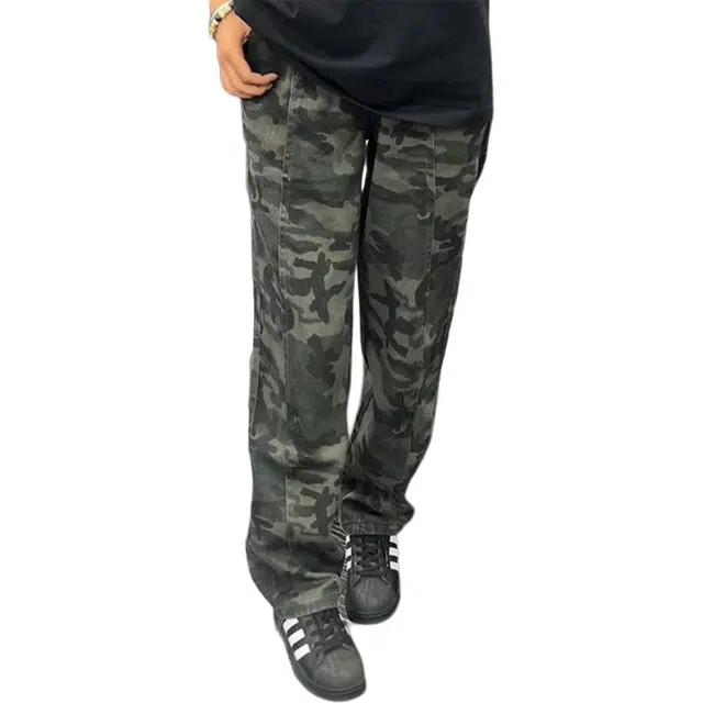 洞洞拐 美式高街迷彩街头潮牌痞帅巴黎风宽松阔腿微喇叭裤牛仔裤 男女同款