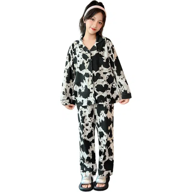 帕兰朵家居服套装 女童时尚潮流舒适亲肤高端纯棉水墨丹青睡衣可爱春秋季大童长袖长裤男童两件套青少年