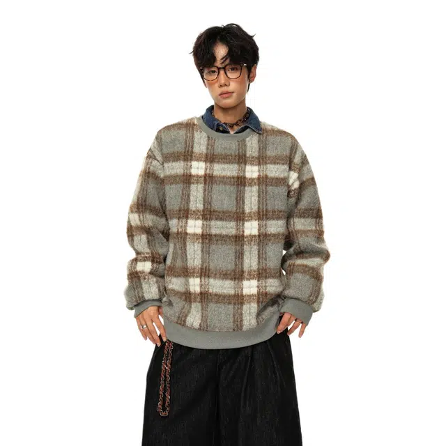 艾梵斯贝 美式风格潮流老钱格纹毛呢小众设计款无性别日常通勤百搭宽松休闲时尚高级感圆领卫衣 男女同款
