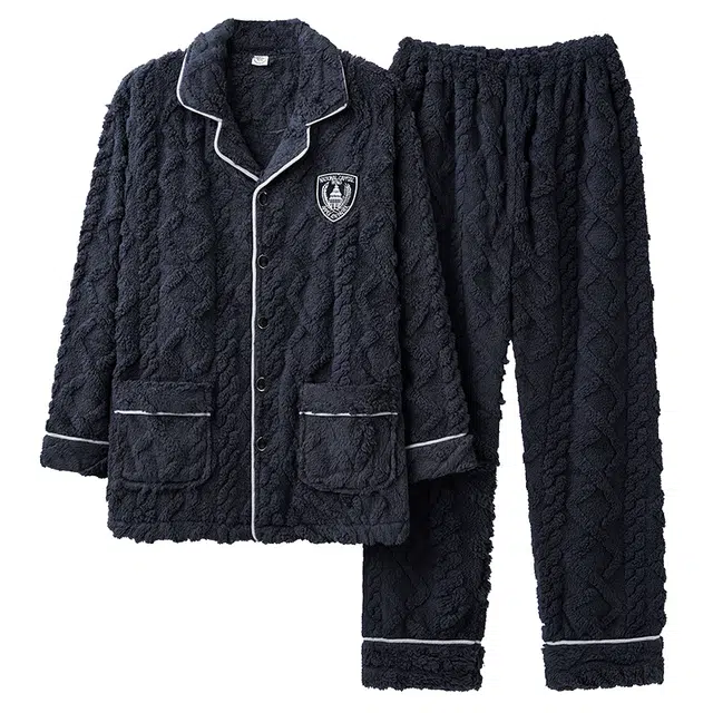 莫代尔 男士冬季加绒加厚珊瑚绒秋冬款法兰绒大码保暖家居服舒适睡衣套装 男款