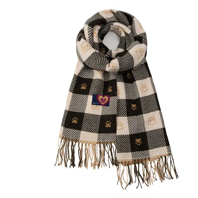 红豆 时尚可爱小熊脚印图案柔软舒适 涤纶 绒线围巾 男女同款情侣款