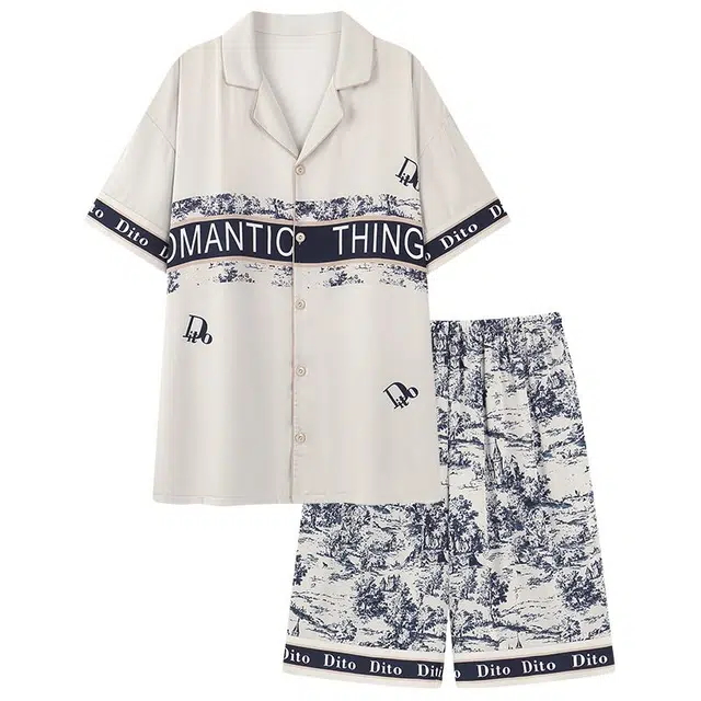 浮光岛屿 简约柔软冰丝凉感高级感短袖短裤家居服舒适亲肤透气可外穿宽松休闲睡衣套装 男女同款