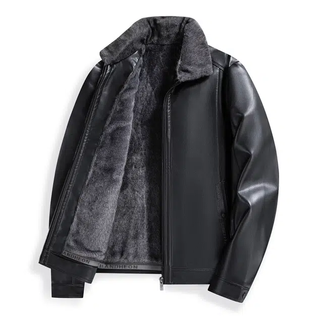 老爷车 冬装加绒加厚翻领上衣皮夹克一体毛保暖防风外套皮衣 男款