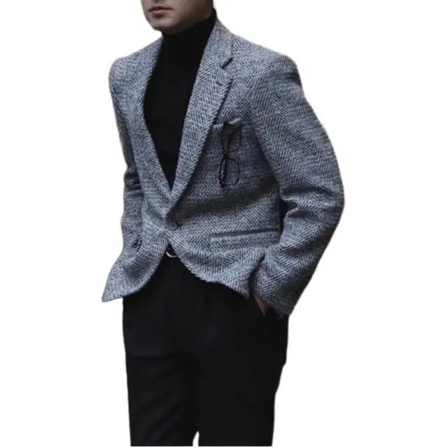 大格子与黑猫 英伦时髦潮流灰色粗纺人字纹毛呢秋冬厚款保暖小香风修身西服外套西装 男款