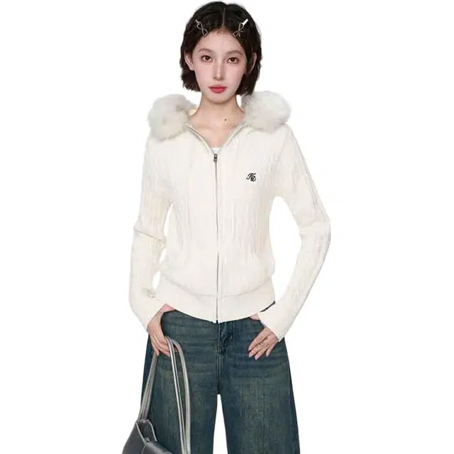 柏黛妃 韩系连帽毛领麻花外套女秋拉链短款开衫外搭修身上衣小众学院风氛围感 针织衫 女款