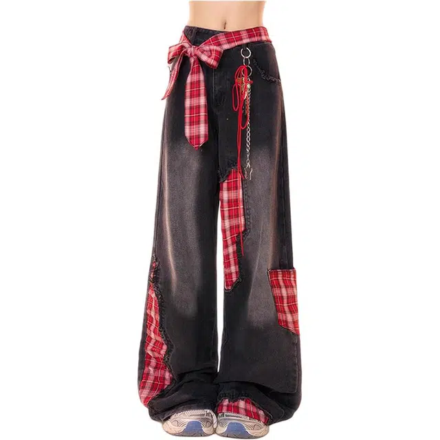宝米卡 蝴蝶结绑带拼接格子补丁设计宽松阔腿裤子牛仔裤 女款