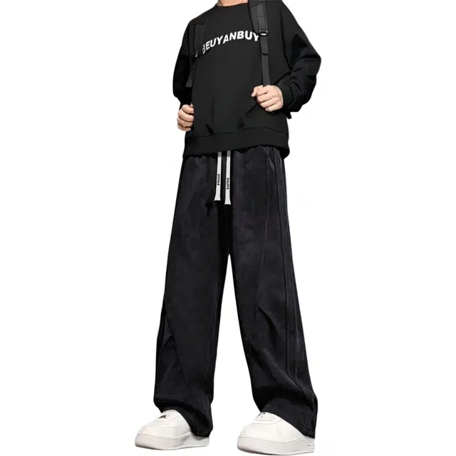 蓝精灵 美式高街复古慵懒风渐变脏脏裤潮牌个性拼接堆叠设计时尚百搭显高显瘦宽松垂感堆叠直筒休闲裤 男女同款