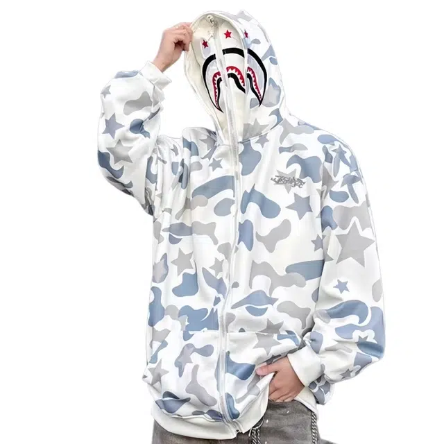 虫小绿 美式复古双帽涂鸦高街卡通刺绣鲨鱼头外套上衣宽松经典百搭休闲时尚日常通勤满印迷彩长袖拉链开衫卫衣 男女同款