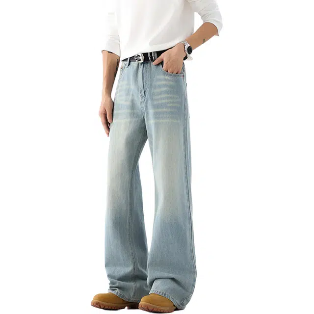 瑞梵帝斯 美式复古高街学院风潮牌弯刀柔软亲肤通勤百搭水洗做旧牛仔裤 男款